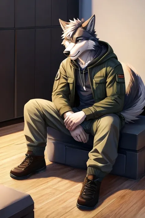 Furry, Male, anthropomorphic wolf, sitting on floor, jacket hoodie, cargo pants