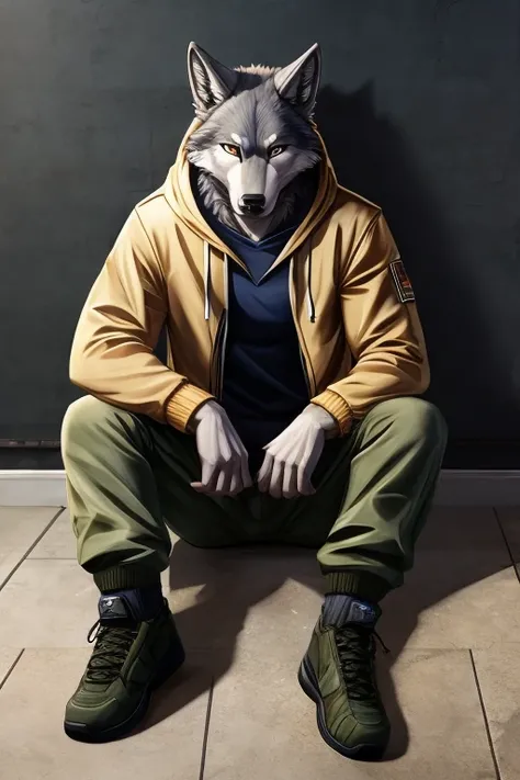 Furry, Male, anthropomorphic wolf, sitting on floor, jacket hoodie, cargo pants