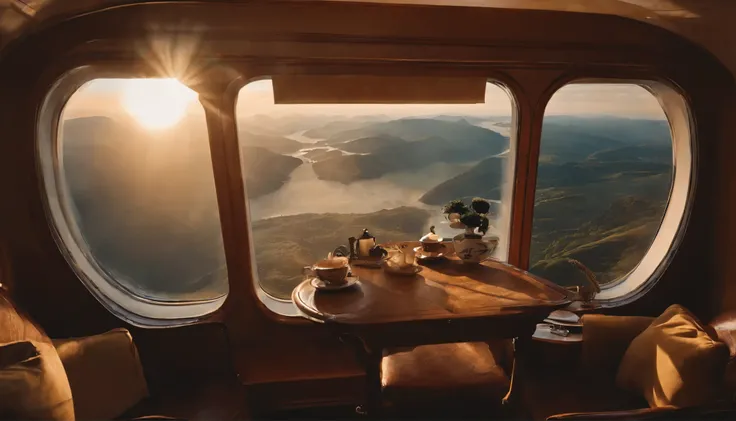 Looking down from the large windows of the passenger compartment of a large airship。The interior is like a cozy home、The time is a fine morning、There is a coffee cup on the table、All objects have precise shapes、The object is not blurred、Perfect photo、Actua...