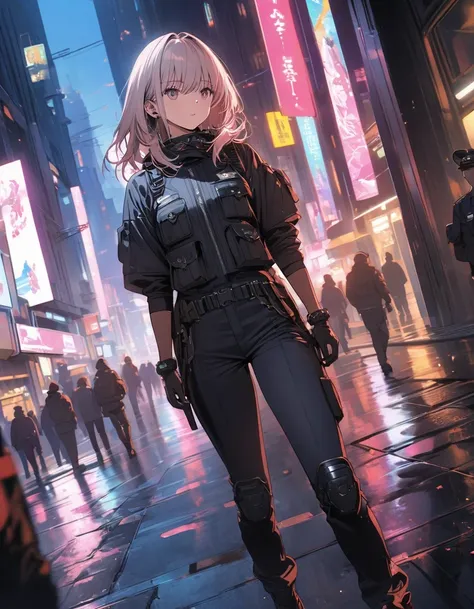 anime style, super fine illustration, highly detailed, dynamic angle, beautiful detailed, 8k, At night, in a cyberpunk cityscape, a female police officer patrols the neon-lit streets. Her footsteps echo against the damp pavement as she keeps a watchful eye...