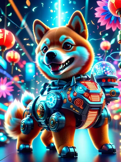  (3D，Mechanical feel，Cute Shiba Inu:1.3), Colorful neon lights, High-tech mechanical parts, Metal body, Detailed vibranium flower design, Vibrant colors, Dynamic glowing flowers, Reflective metal surface, Bright environment, Dynamic poses, Exquisite existe...