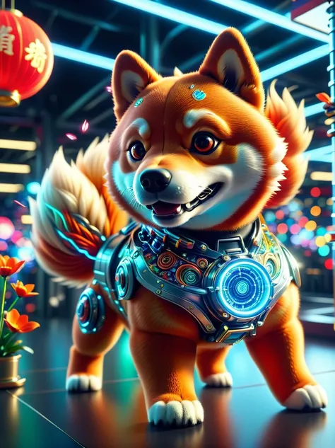  (3D，Mechanical feel，Cute Shiba Inu:1.3), Colorful neon lights, High-tech mechanical parts, Metal body, Detailed vibranium flower design, Vibrant colors, Dynamic glowing flowers, Reflective metal surface, Bright environment, Dynamic poses, Exquisite existe...