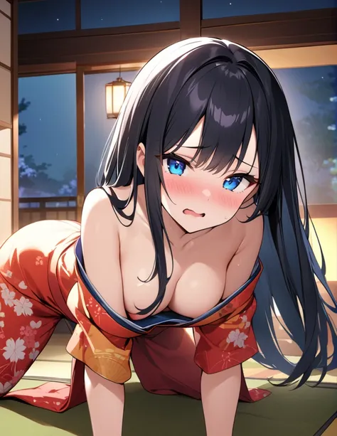 ｛creation、high resolution、high quality｝、Black Hair、long hair、Blue Eyes、Japanese-style room、Big breasted beauty、kimono、Bare chest、On all fours、night、Embarrassed face、