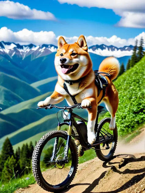 a shiba inu dog riding an enduro mountain bike.