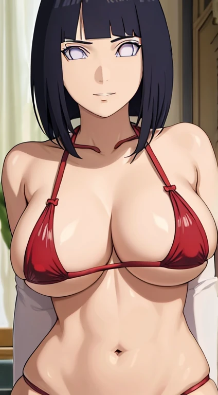 (masterpiece), best quality, expressive white eyes, perfect face, massive breasts, shiny body, flat belly, muscular arms, rib bones visible, thick body, standing, cotton red colour bikini and cotton penty, front facing, black hair, thigh legs , Hinata Hyug...