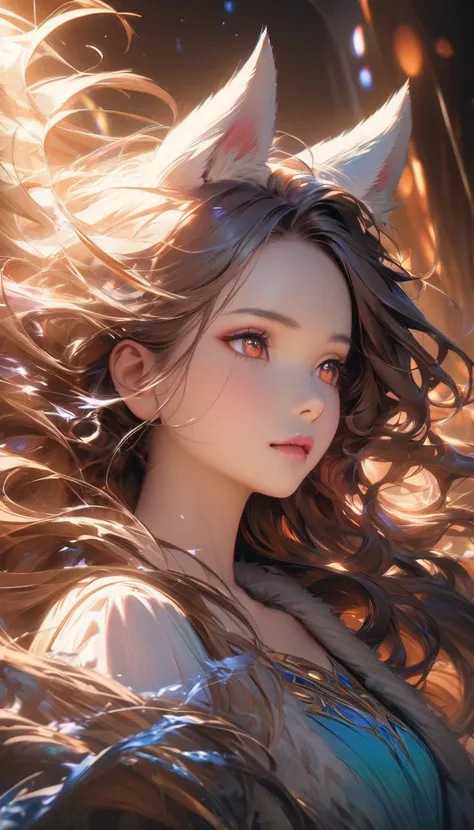 (best quality,4k,highres),fantasy,beautiful girl with Shiba Inu dog features,intense focus on the detailed,amber eyes,fluffy and expressive Shiba Inu ears,fur with realistic textures and colors,long wavy hair flowing with the wind,magical atmospheric light...