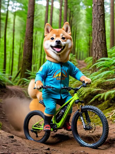 a shiba inu dog riding an enduro mountain bike.