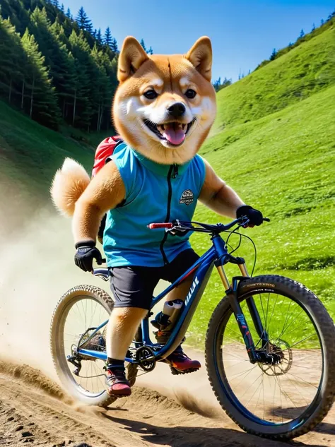 a shiba inu dog riding an enduro mountain bike.