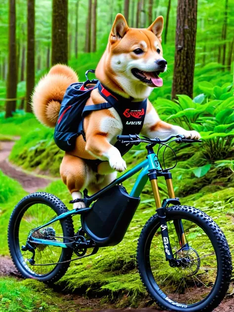 a shiba inu dog riding an enduro mountain bike.