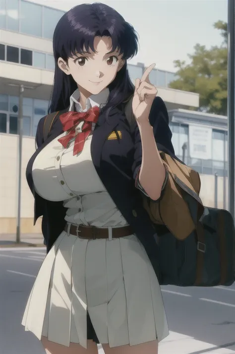 (raw photo, best quality), 1girl,  natural lighting, solo, light smile, 
katsuragi misato,  high school girl, , school bag, blaz...