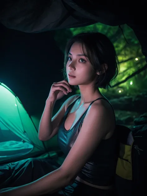 best qualtiy, tmasterpiece, Ultra-high resolution， （realisticlying：1.6）， RAW photograph， 1girl， bshoulders， in the darkness nigth， deep shading， low tune， cold light，looking to the camera， Sexy look， short detailed hair, inside the cave, fireflies, waterfa...