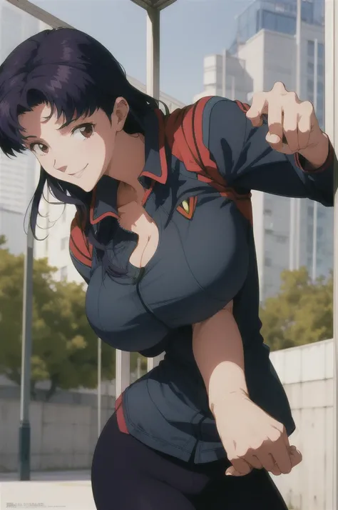 (RAW photo, best quality), 1girl,  natural lighting, solo, light smile, 
katsuragi misato, blazer, ribbon, outdoor, big boob, large breasts, boob window, exposed cleavage, tight clothes