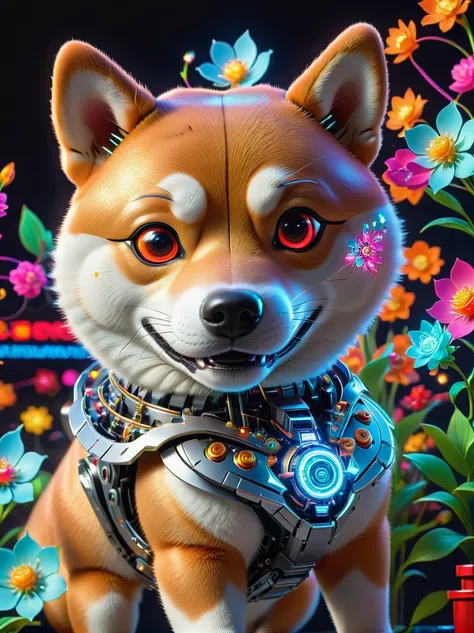 (3D，Mechanical feel，Cute Shiba Inu:1.3), Colorful neon lights, High-tech mechanical parts, Metal body, Detailed vibranium flower design, Vibrant colors, Dynamic glowing flowers, Reflective metal surface, Bright environment, Dynamic poses, Exquisite existen...