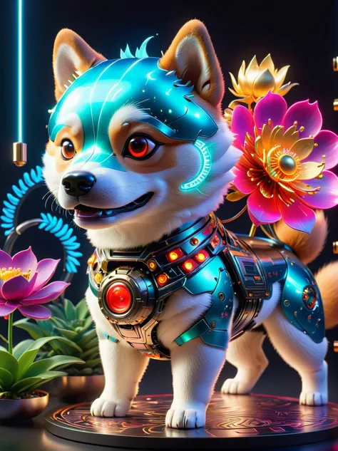 (3d，mechanical feel，cute shiba inu:1.3), colorful neon lights, high-tech mechanical parts, metal body, detailed vibranium flower...