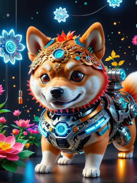 (3D，Mechanical feel，Cute Shiba Inu:1.3), Colorful neon lights, High-tech mechanical parts, Metal body, Detailed vibranium flower design, Vibrant colors, Dynamic glowing flowers, Reflective metal surface, Bright environment, Dynamic poses, Exquisite existen...