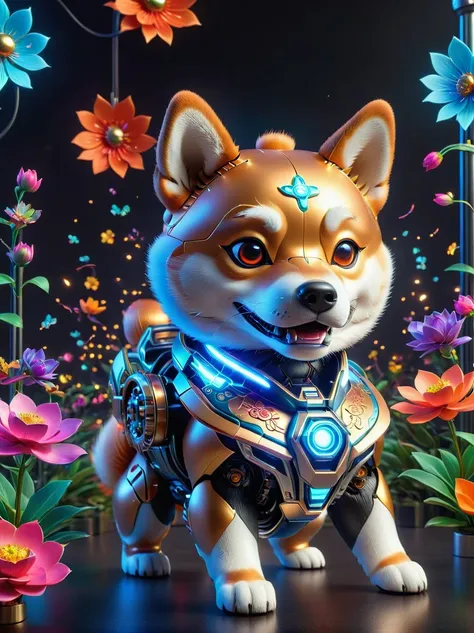 (3d，mechanical feel，cute shiba inu:1.3), colorful neon lights, high-tech mechanical parts, metal body, detailed vibranium flower...