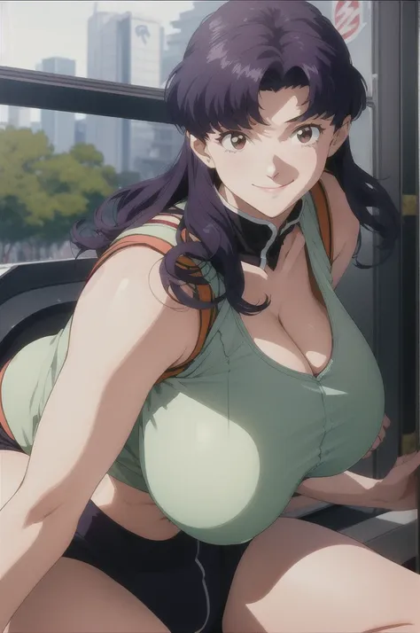 (raw photo, best quality), 1girl,  natural lighting, solo, light smile, 
katsuragi misato, outdoor, big boob, large breasts, boo...