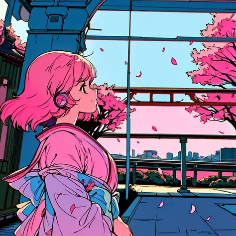 master piece, City Pop style, Pink Hair, fluffy bob cut, wearing headphones, shoulder length, alone, Futuristic, yet, lofi, retro, vintage, Ghost, light smile, cherry blossoms, ((kimono)), torii, Kyoto, looking away