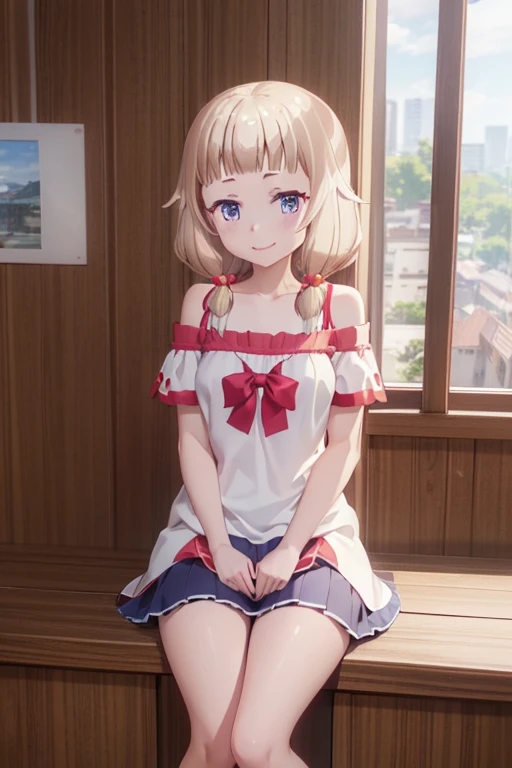 (extremely detailed CG unity 8k wallpaper), (masterpiece), (best quality), (ultra-detailed), (best illustration), (best shadow), (absurdres), 1girl, solo, sakura nene, shirt, short sleeves, off shoulder, smile, looking at viewer, brastraps