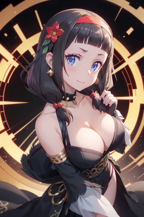 yor briar, anime style beutiful woman, 1girl, happy, sexy pause,(with sparkling eyes and a contagious smile:0.9),red face, closed mouth, beautiful detailed eyes, super detailed skin, backlighting, bare shoulders, black background, black dress, black gloves...