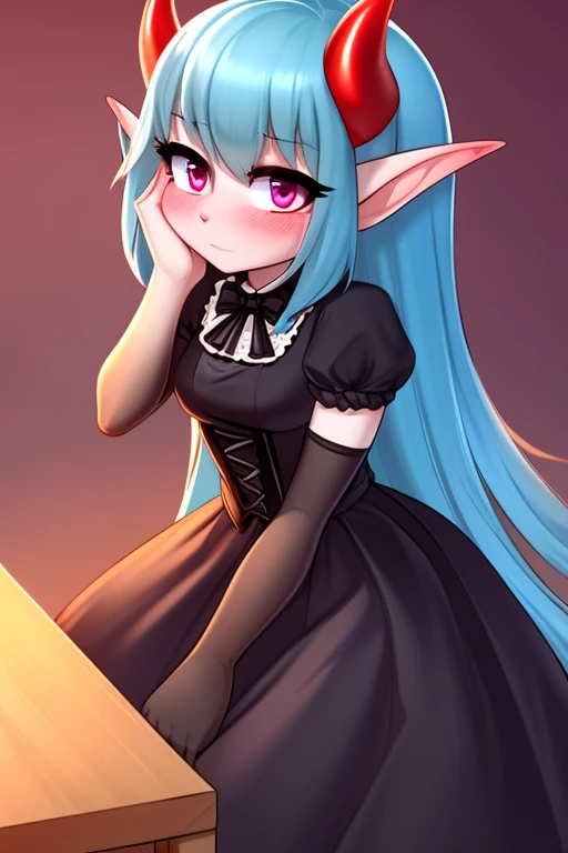 Oni mobian, blue hair, long hair, toned, gothic Lolita, magenta eyes, red horns, pointed ears, blushing, hand on cheek, table