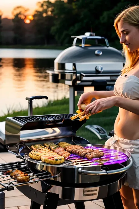 white female grilling patties on a BBQ in the backyard, with the golden hour light illuminating the grilling equipment and condiments close by the lake 