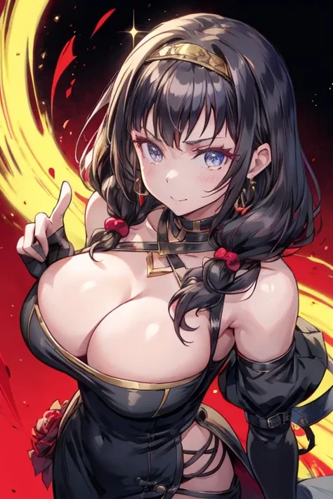 yor briar, anime style beutiful woman, 1girl, happy, sexy pause,(with sparkling eyes and a contagious smile:0.9),red face, closed mouth, beautiful detailed eyes, super detailed skin, backlighting, bare shoulders, black background, black dress, black gloves...