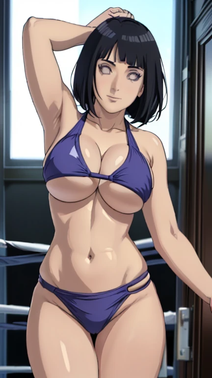 (hinata(boruto), (female wrestler), slender body, mature woman, milf, (bikini, wrestling gear) victorious, gorgeous, winner, kind face, smile, closed mouth, pulling one leg up, pale skin, (dark blue hair color:1.1), wavy hair, ((short hair, hime cut), big ...