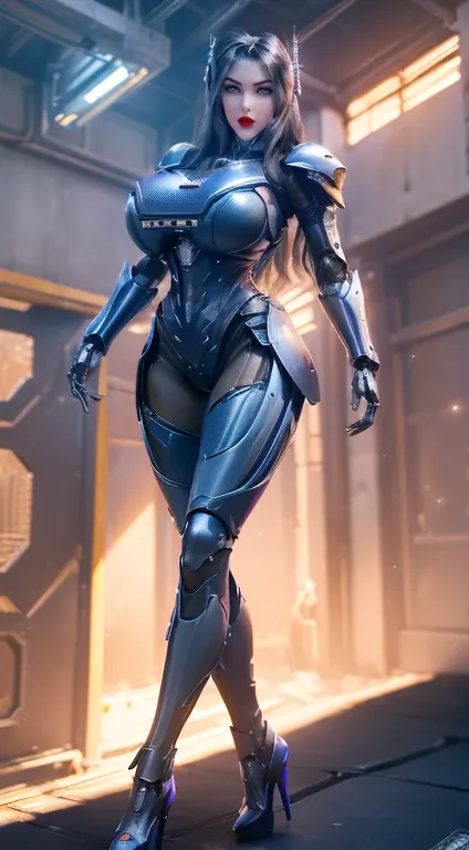 (1 Girl, Solitary, Solitary), (Super detailed face), (Black long hair:1.2), (, 11-wire ABS, cleveage, Huge fake breasts:1.5), Cleavage，(Mechanical arm guards:1.3), (Purple future mecha cyber armor, Mecha tights suit, Blue Diamond Core in Armor, Mechanical ...