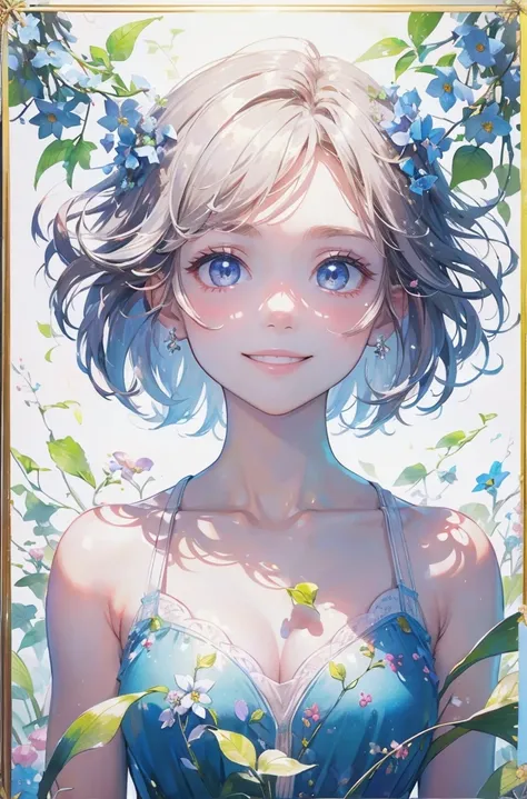 (masterpiece、highest quality、highest quality、Beautiful and beautiful:1.2)、(Good anatomy:1.5)、Milky white straight hair girl、Shy smile、Sparkling Eyes、looking at the camera、Emerging from among the flowers and leaves、forget-me-not