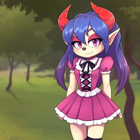 Oni mobian, blue hair, long hair, toned, gothic Lolita, magenta eyes, red horns, pointed ears