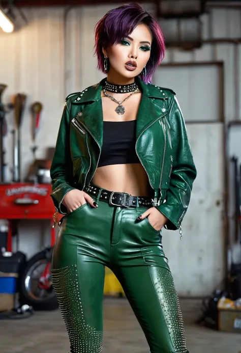 Asian girl,bimbo,enlarged lips,big blue eyes,short hair green,long legs,smeared makeup,(clothes: Studded leather jacket,high-waisted leather trousers,ankle boots,chain on trousers,belt,choker,necklace,earrings),long fingernails,manicure,(orgasm face),(face...