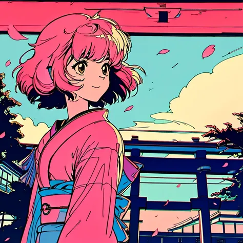 master piece, city pop style, pink hair, fluffy bob cut, wearing headphones, shoulder length, alone, futuristic, yet, lofi, retr...