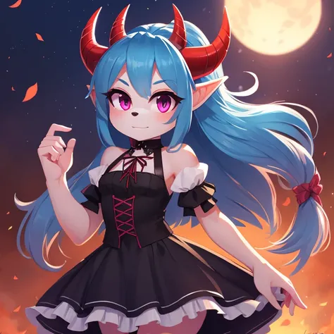 Oni mobian, blue hair, long hair, toned, gothic Lolita, magenta eyes, red horns, pointed ears