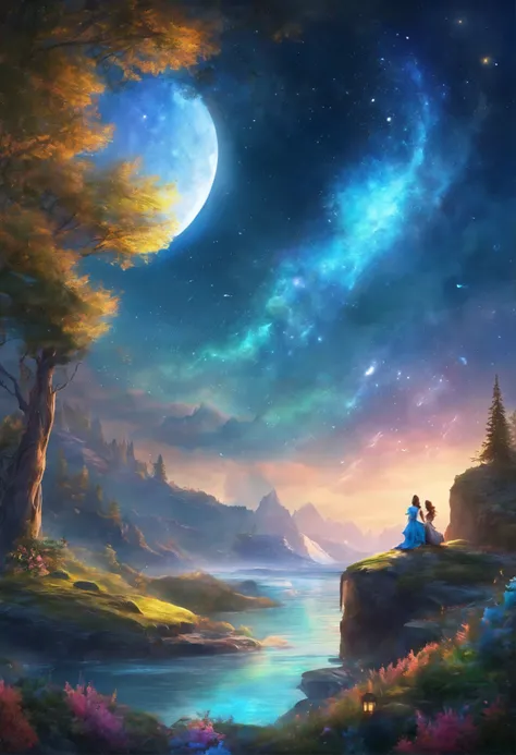 This is a surreal and elaborate CG rendering. night, Sky bright blue, Covering coastal glaciers, green crystal heart stone, Path of Light, feather, moon, performer, art, High resolution, Starry Sky, many small colorful light particles, It&#39;s the Milky W...