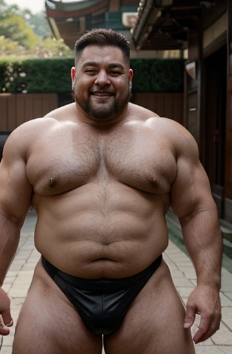  A shirtless Korean imperial warrior full body obese bodybuilder with a very oiled body a sweaty smiling old man with a shaved head and extremely muscular and extremely fat over 70 years old weighing over 600 pounds very muscular very hairy large pecs with...