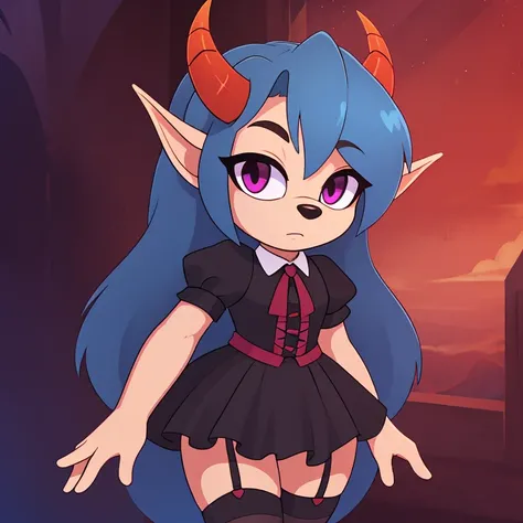 Oni mobian, blue hair, long hair, toned, gothic Lolita, magenta eyes, red horns, pointed ears