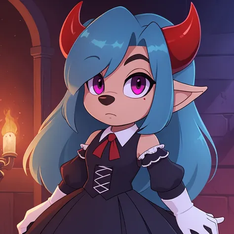 Oni mobian, blue hair, long hair, toned, gothic Lolita, magenta eyes, red horns, pointed ears