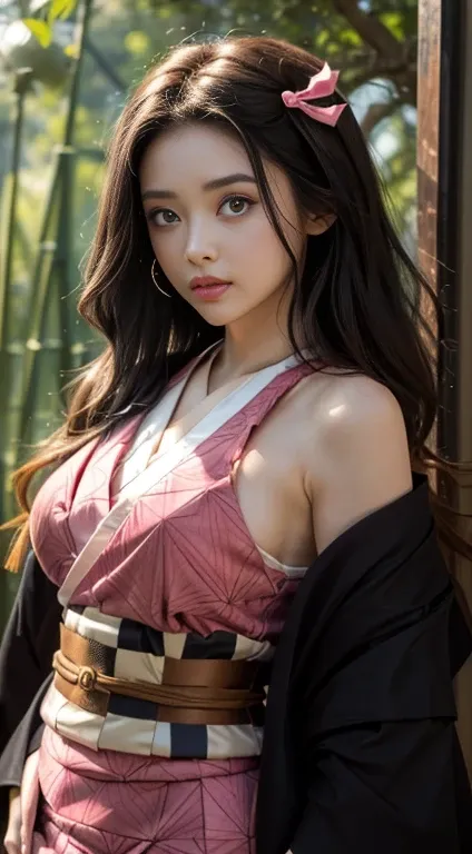 Masterpiece, Best Quality, High Resolution, Venus1, 1Girl, Solo, Tsuko Kamato, Bamboo, ((Gag)), Hair (brown), Plaid Belt, Gag, Gag, Gradient Hair, Hair Ribbon, Haori, Japanese Clothing, ((Black Kimono:1.2)), Very Short Kimono, big , Long Hair, big breast, ...