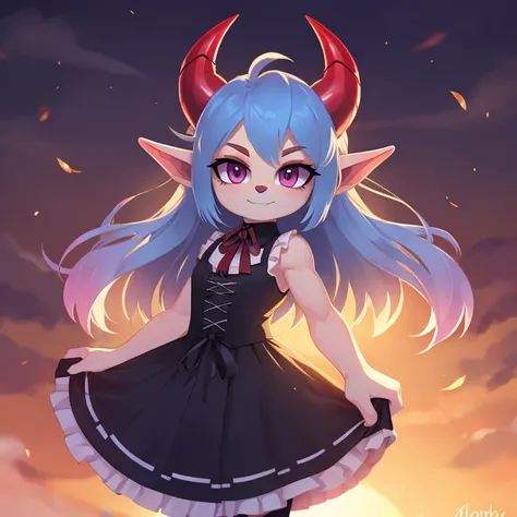 Oni mobian, blue hair, long hair, toned, gothic Lolita, magenta eyes, red horns, pointed ears