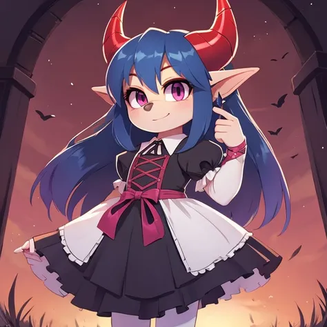 Oni mobian, blue hair, long hair, toned, gothic Lolita, magenta eyes, red horns, pointed ears