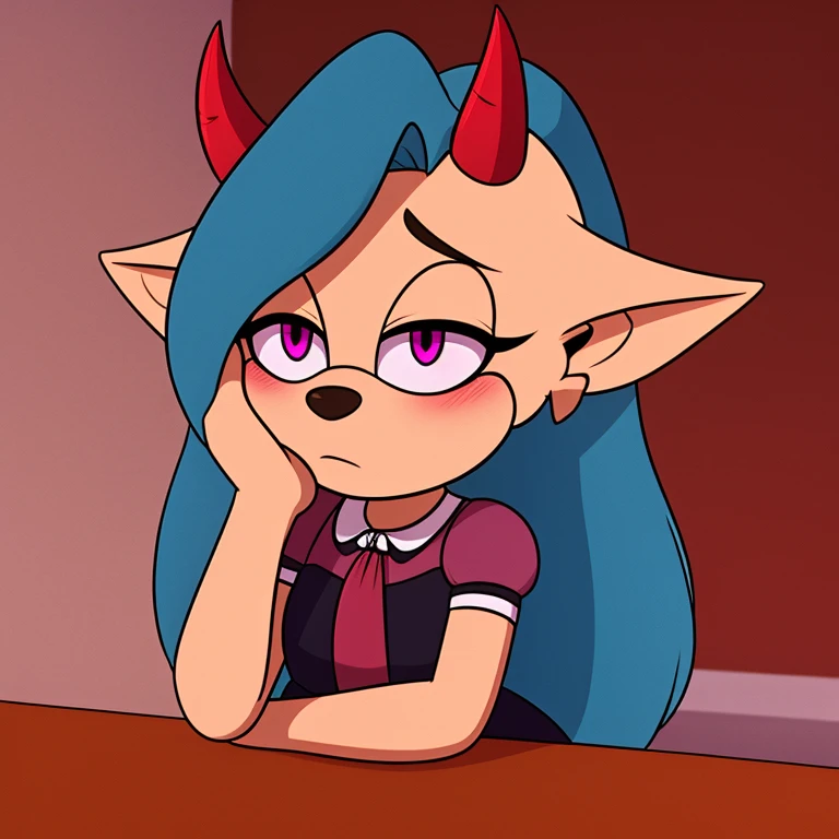 Oni mobian, blue hair, long hair, toned, gothic Lolita, magenta eyes, red horns, pointed ears, blushing, hand on cheek, table