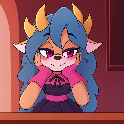 Oni mobian, blue hair, long hair, toned, gothic Lolita, magenta eyes, red horns, pointed ears, blushing, hand on cheek, table