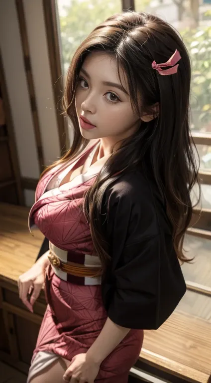 Masterpiece, Best Quality, High Resolution, Venus1, 1Girl, Solo, Tsuko Kamato, Bamboo, ((Gag)), Hair (brown), Plaid Belt, Gag, Gag, Gradient Hair, Hair Ribbon, Haori, Japanese Clothing, ((Black Kimono:1.2)), Very Short Kimono, big , Long Hair, big breast, ...