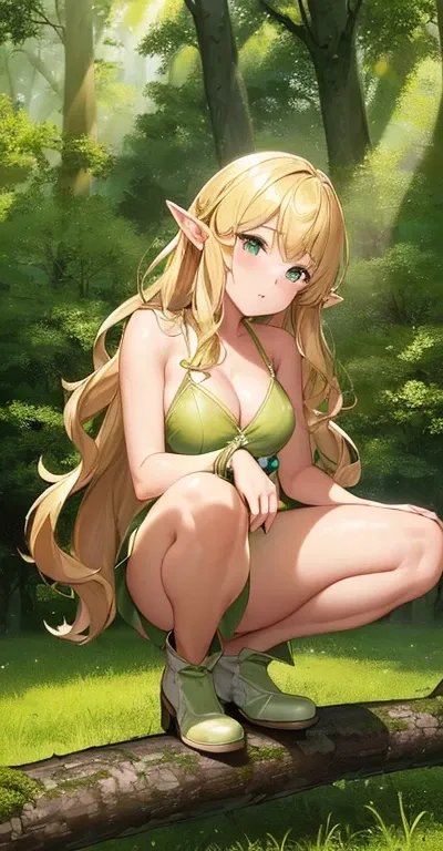 ((masterpiece)), ((highest quality)), ((High resolution)), ((High-definition CG synthesis 8K wallpaper)), ((On the branches of a tree in a deep forest:1.3)), ((Elf Female Cartoon Character, Pointed elven ears, Wavy blonde hair, Green Eyes, Bare Skin:1.2)),...