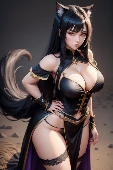 Black long hair, Yellow eyes, Cat lady, Purple top, Long black tail, paw, Black skirt, Full breasts,  (Large Breasts:1.1), Cleavage，cleveage,，xianghua, whole body, Young adult females, standing posture, wizard, fantasy, Sexy witch costume, stocking