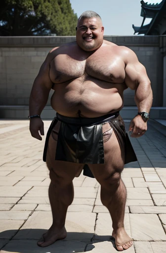  A shirtless Korean imperial warrior full body obese bodybuilder with a very oiled body a sweaty smiling old man with a shaved head and extremely muscular and extremely fat over 70 years old weighing over 600 pounds very muscular very hairy large pecs with...