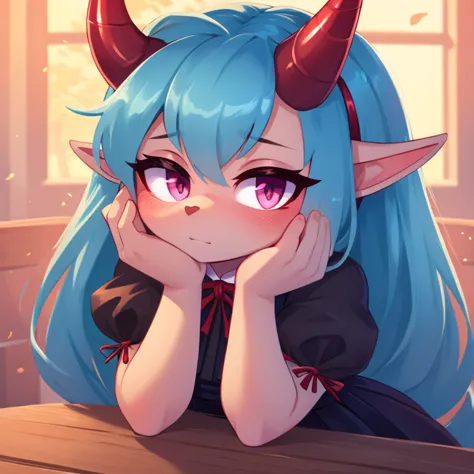 oni mobian, blue hair, long hair, toned, gothic lolita, magenta eyes, red horns, pointed ears, blushing, hand on cheek, table