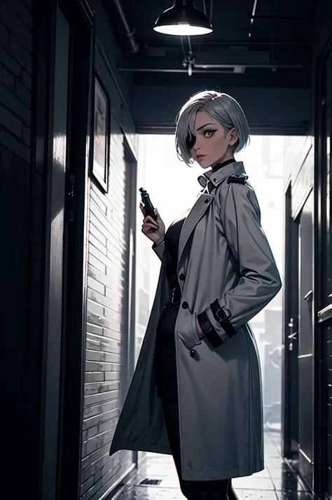 imagined a cartoon sexy milf detective woman  whit short silver hair who ad a eye patch on her left eye in a trench coat holding...