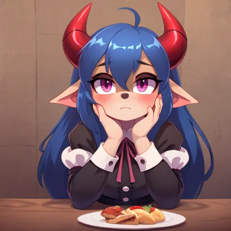 oni mobian, blue hair, long hair, toned, gothic lolita, magenta eyes, red horns, pointed ears, blushing, hand on cheek, table